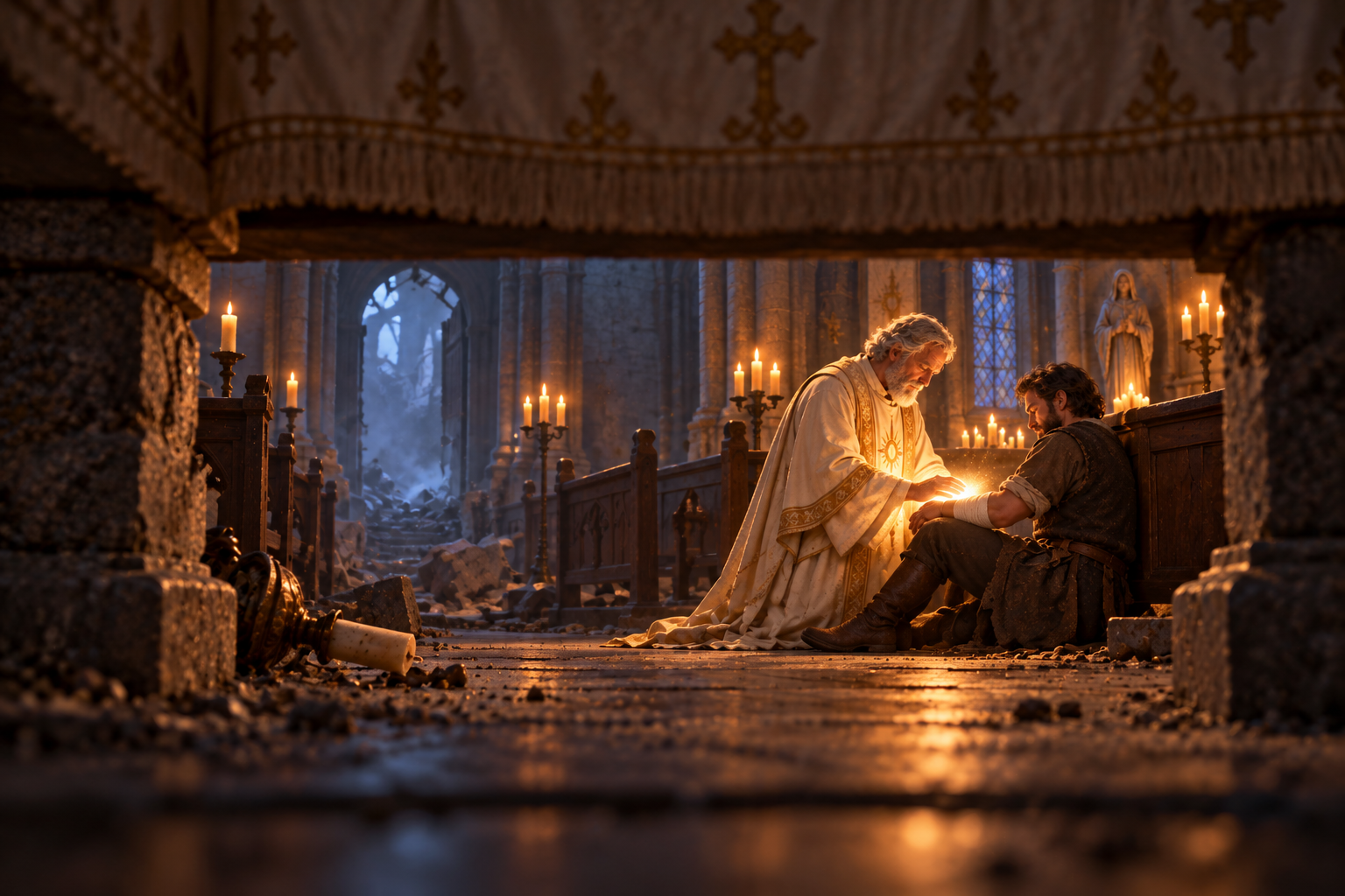 William's view beneath the altar cloth as a priest heals a man inside the damaged chapel.