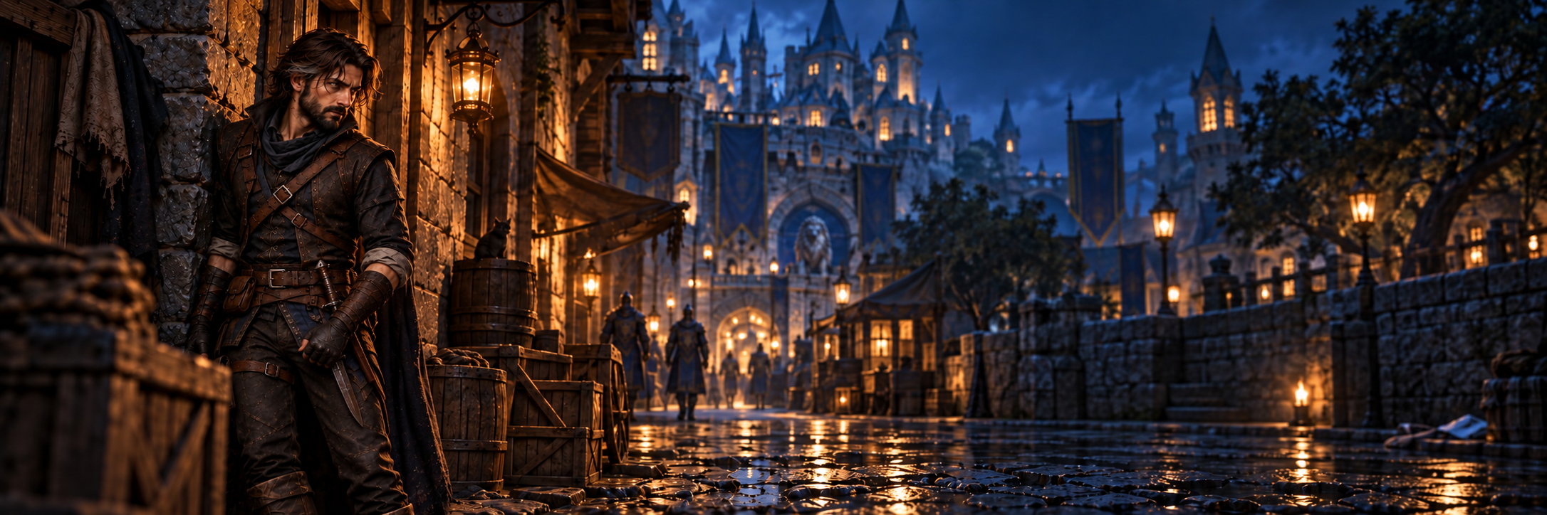 William waiting in a lantern-lit lane beneath the towers of Stormwind