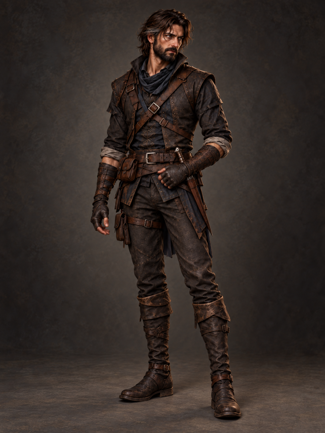 William Durbs in maintained brown leather, with brown hair, a short beard, and grey eyes